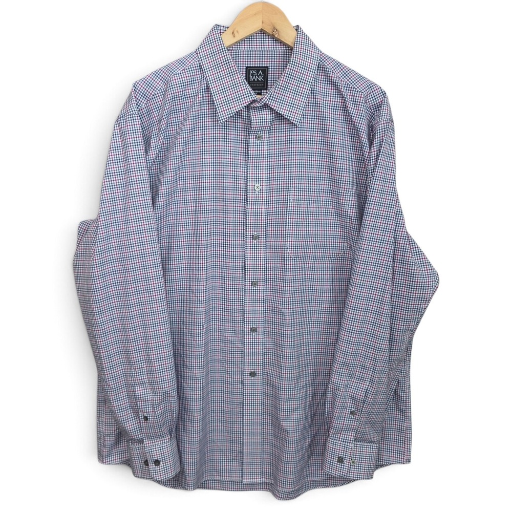 Jos A Bank Dress Shirt Mens XL Navy Blue Purple Plaid Button Traveler Tailored